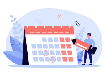 Young man with marker checking events in calendar flat vector illustration. Cartoon office employee planning schedule and agenda. Time management and deadline concept